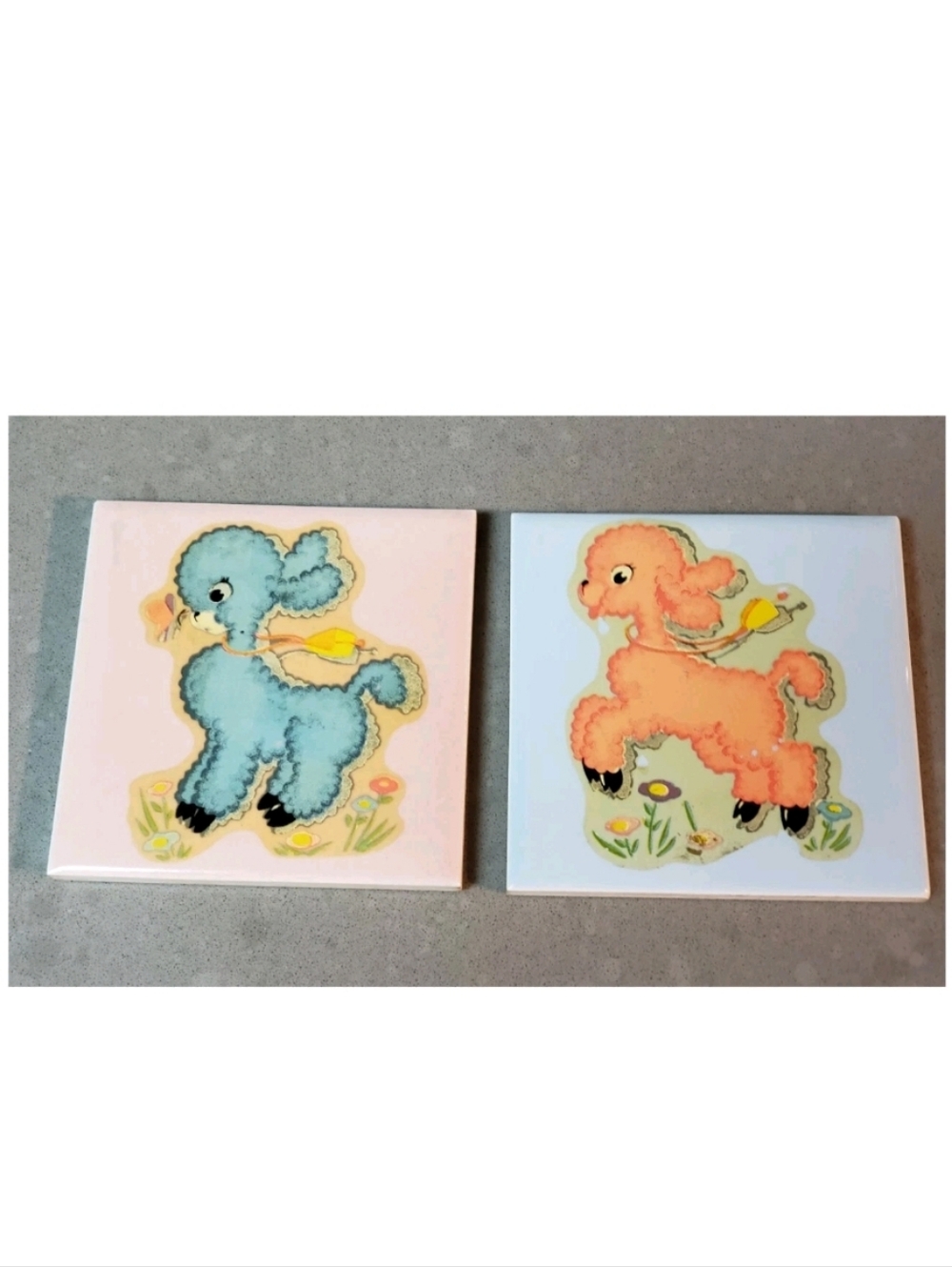 Vintage Pair MCM Pastel Lamb Nursery Wall Tiles